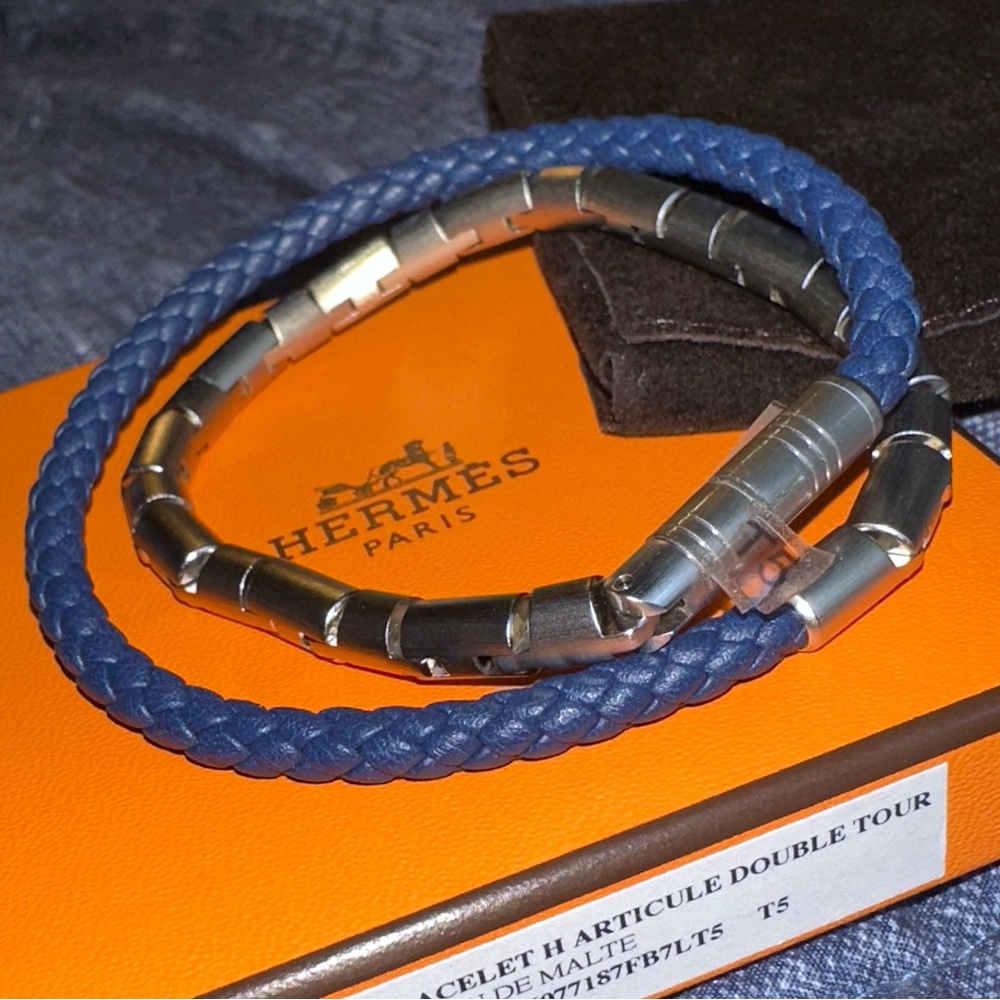 Mens Hermes H Articule Double Tour Bracelet - NWT Size T5 - Bleu De Malte *RARE*
